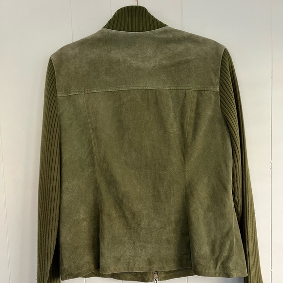 A.M.I. Olive Green Leather Jacket Texture Sleeves and Collar Size Large - Picture 3 of 16